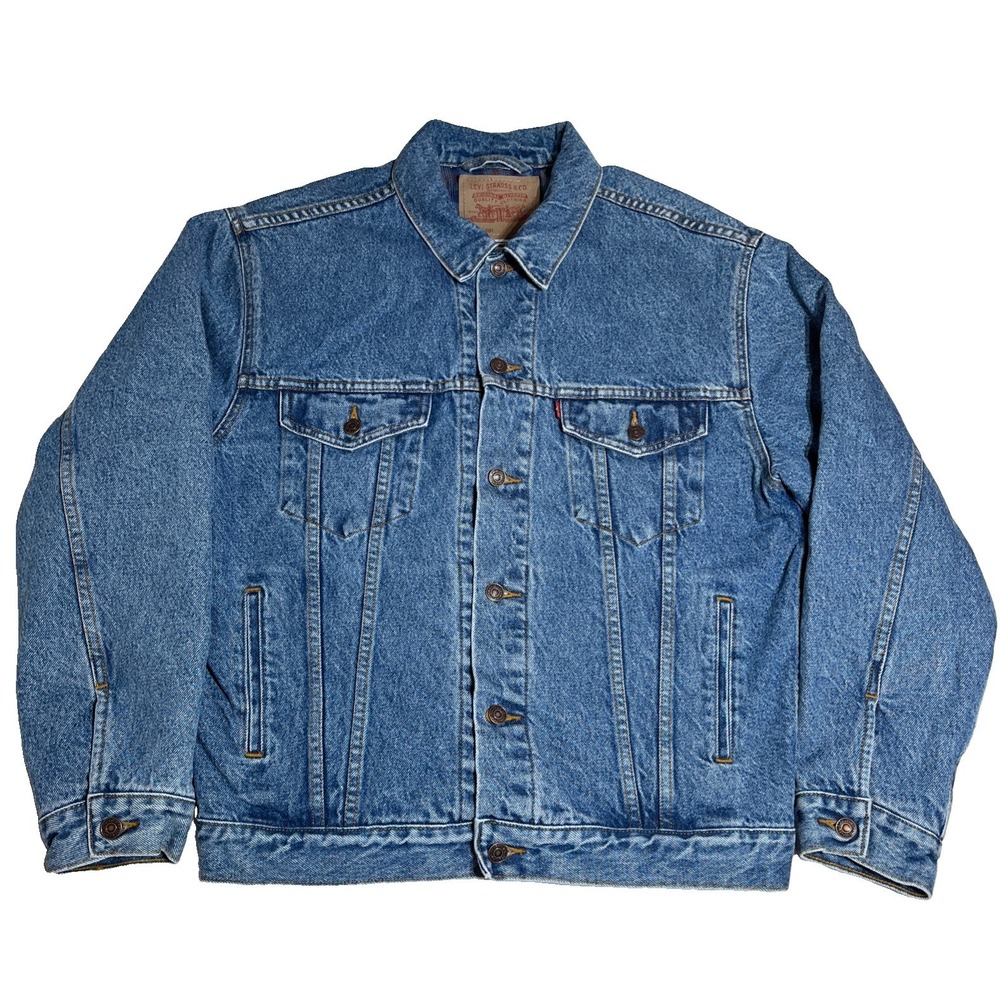 Vtg Levi's 70518 0351 Flannel Lined Denim Trucker Jacket Mens L Plaid Blue Jean